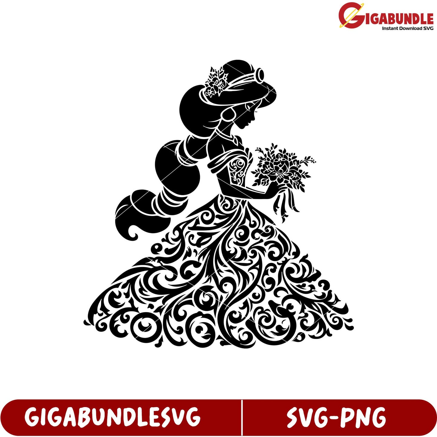 Elegant Bride Silhouette with Ornate Dress and Bouquet SVG Design