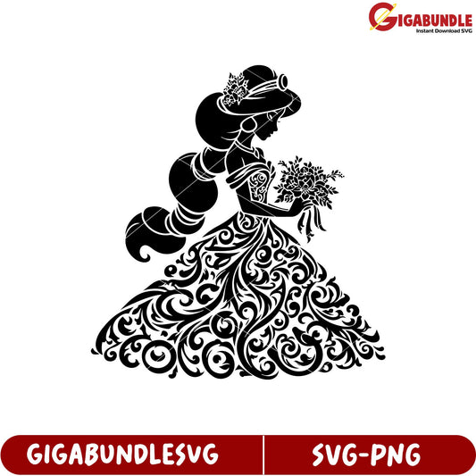 Elegant Bride Silhouette with Ornate Dress and Bouquet SVG Design