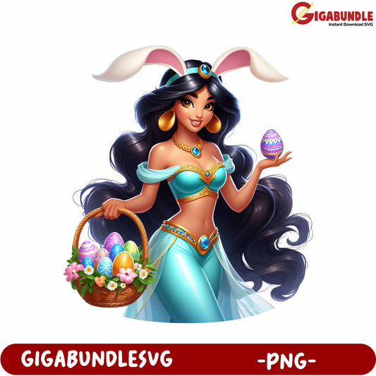 Elegant Easter Bunny Princess Holding Colorful Eggs PNG Art