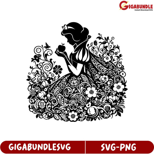 Elegant Floral Design of Princess Holding Apple SVG Artwork for Crafts
