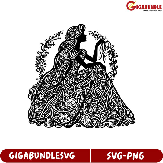 Elegant Floral Princess Silhouette SVG File for Crafting Projects