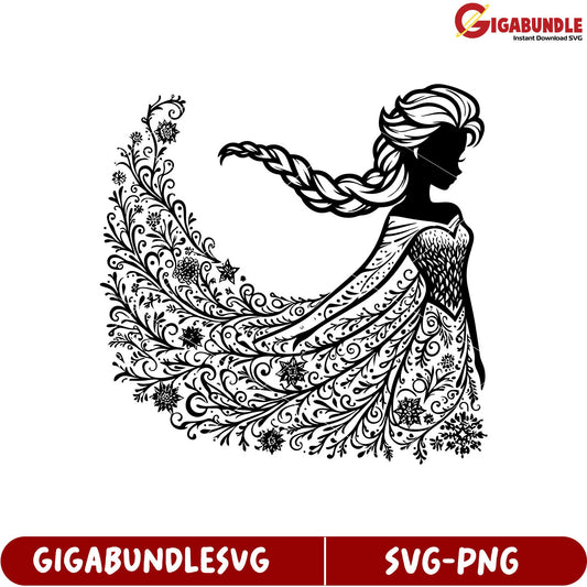 Elegant Frozen Princess SVG Artwork with Floral Patterns Download