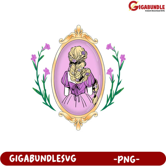 Elegant Princess Portrait PNG Artwork with Floral Frame Design