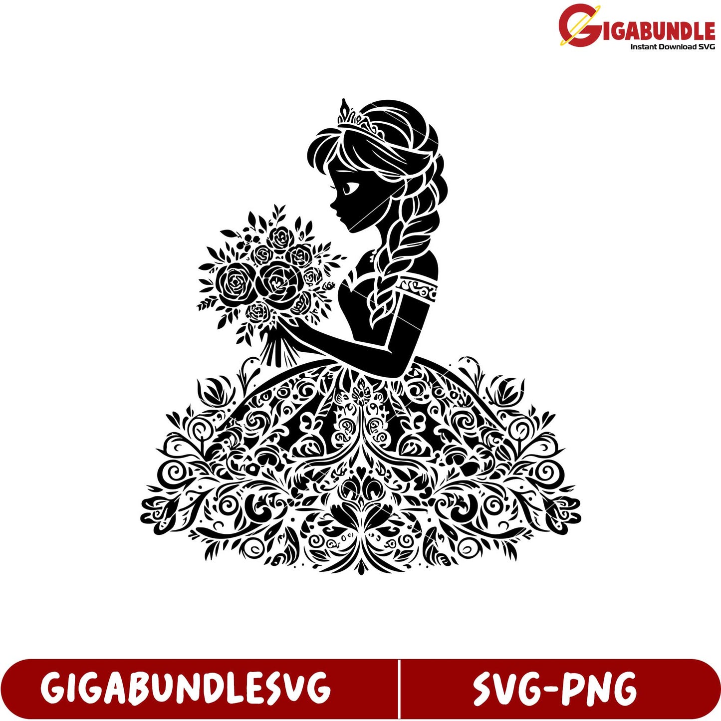 Elegant Princess SVG Design with Floral Bouquet for Crafts and Decor