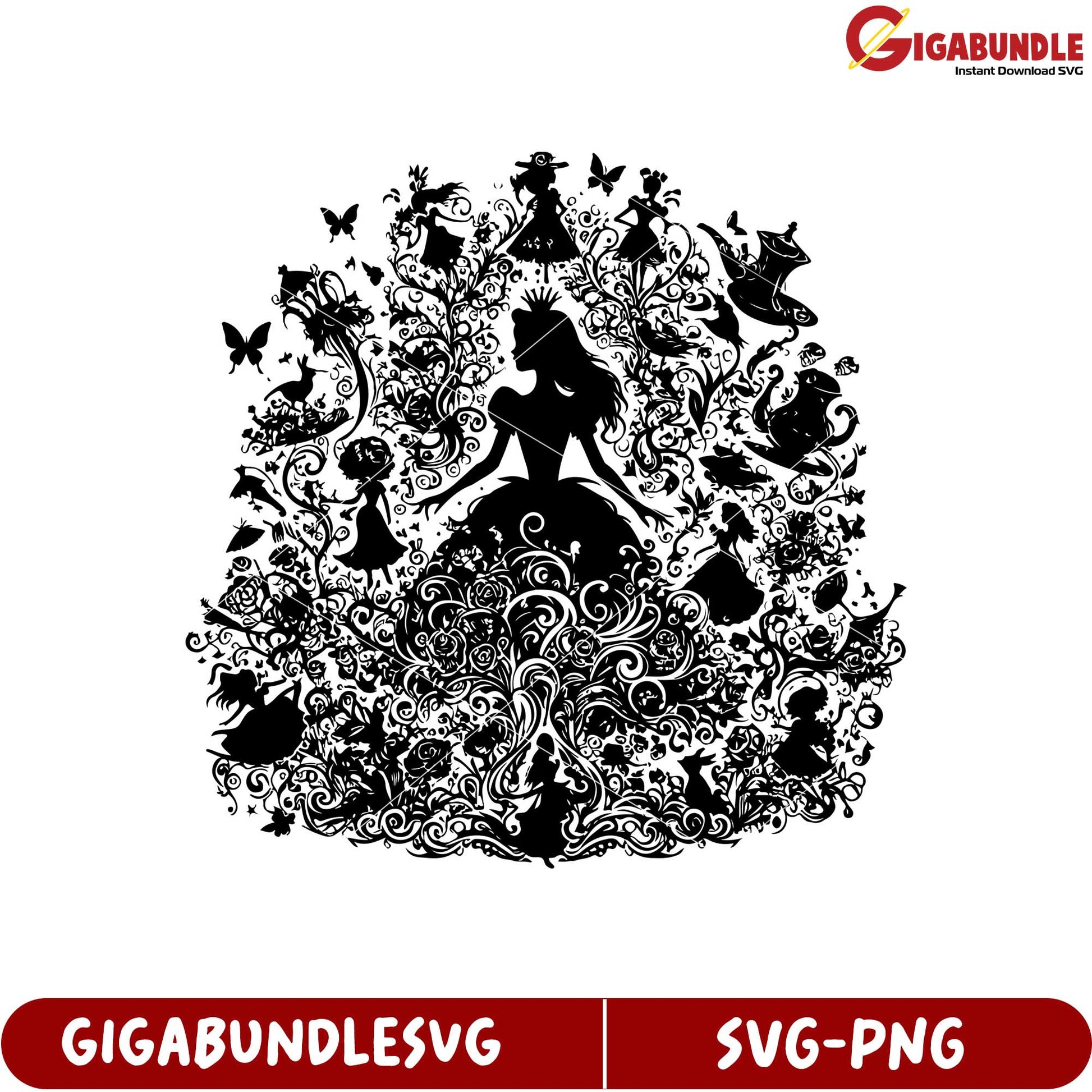 Elegant Princess Silhouette Black Floral SVG for Crafts and Design