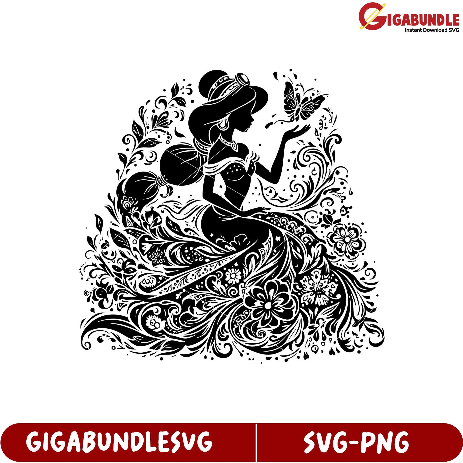 Elegant Princess Silhouette Decorative SVG with Floral Elements Design
