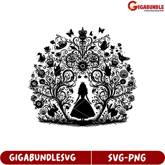 Elegant Princess Silhouette SVG Art with Floral and Animal Design