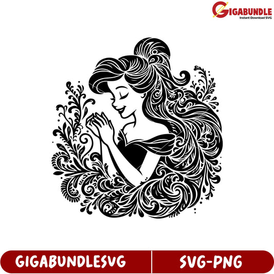 Elegant Princess Silhouette SVG Design with Floral Elements for Crafts