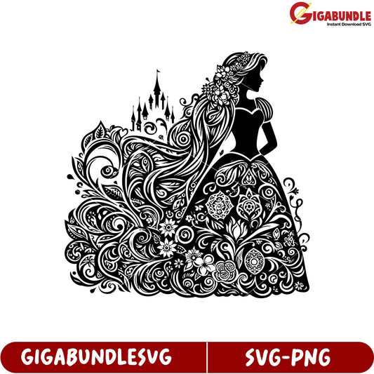 Elegant Princess Silhouette SVG Design with Floral and Castle Elements