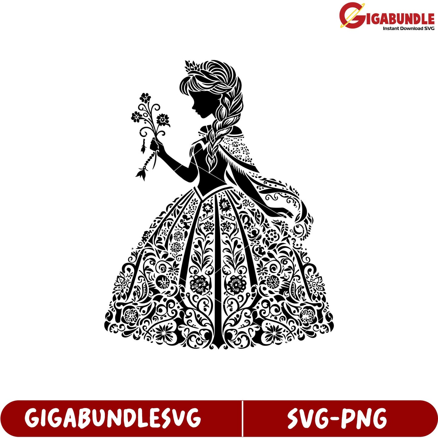 Elegant Princess Silhouette in Floral Dress SVG Downloadable Design