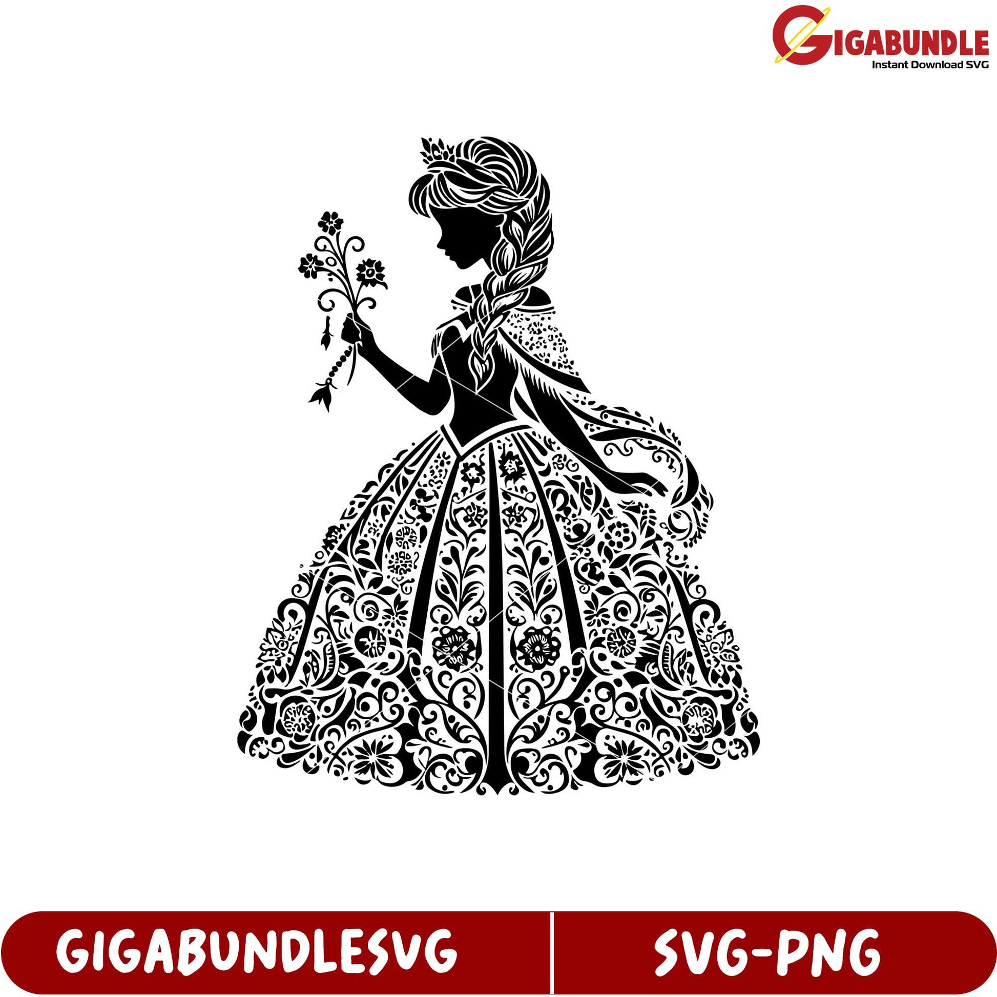 Elegant Princess Silhouette in Floral Dress SVG Downloadable Design
