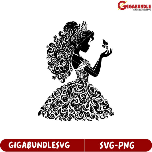 Elegant Princess Silhouette with Floral Design SVG Instant Download