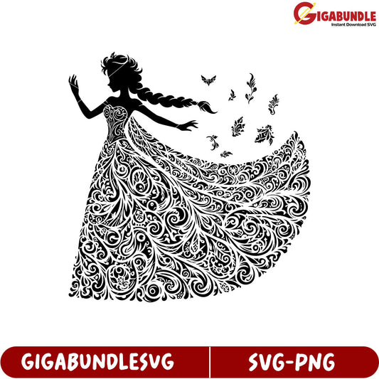 Elegant Princess Silhouette with Floral Dress Design for SVG Use