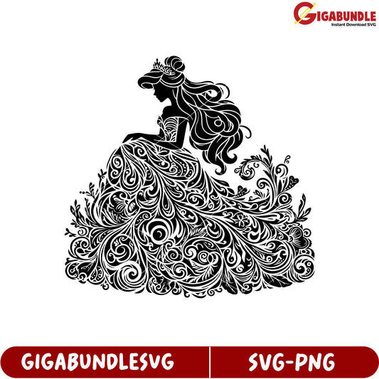 Elegant Princess Silhouette with Intricate Floral Design SVG File