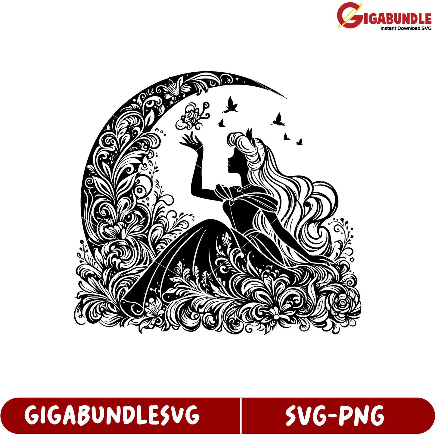 Elegant Princess in Moonlight Floral Design SVG Art for Crafts