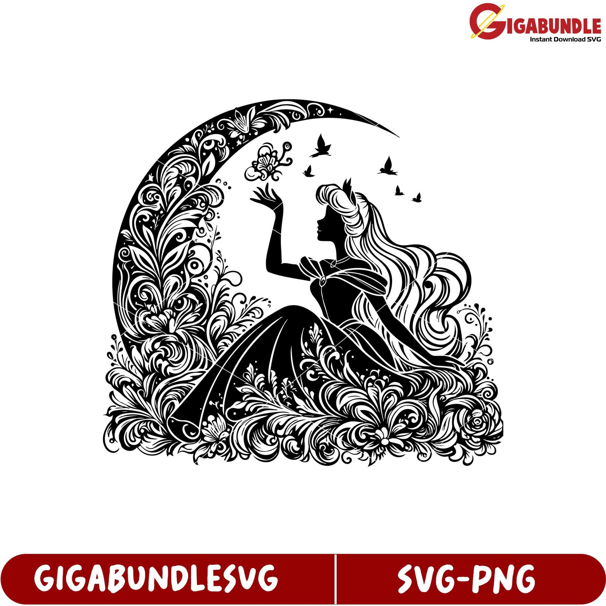 Elegant Princess in Moonlight Floral Design SVG Art for Crafts