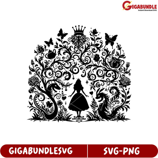Elegant Silhouette Princess with Floral Butterfly Design SVG Format