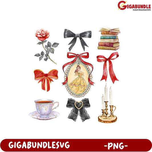 Elegant Vintage Decor Elements PNG with Rose and Books