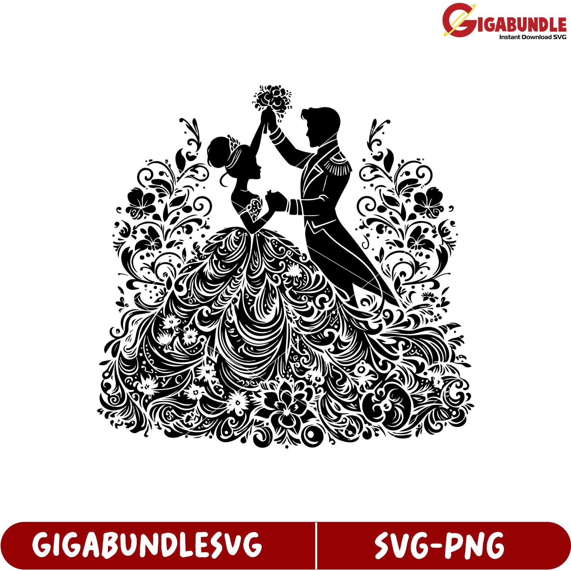 Elegant Wedding Couple Silhouette Design Floral SVG Download for Crafts