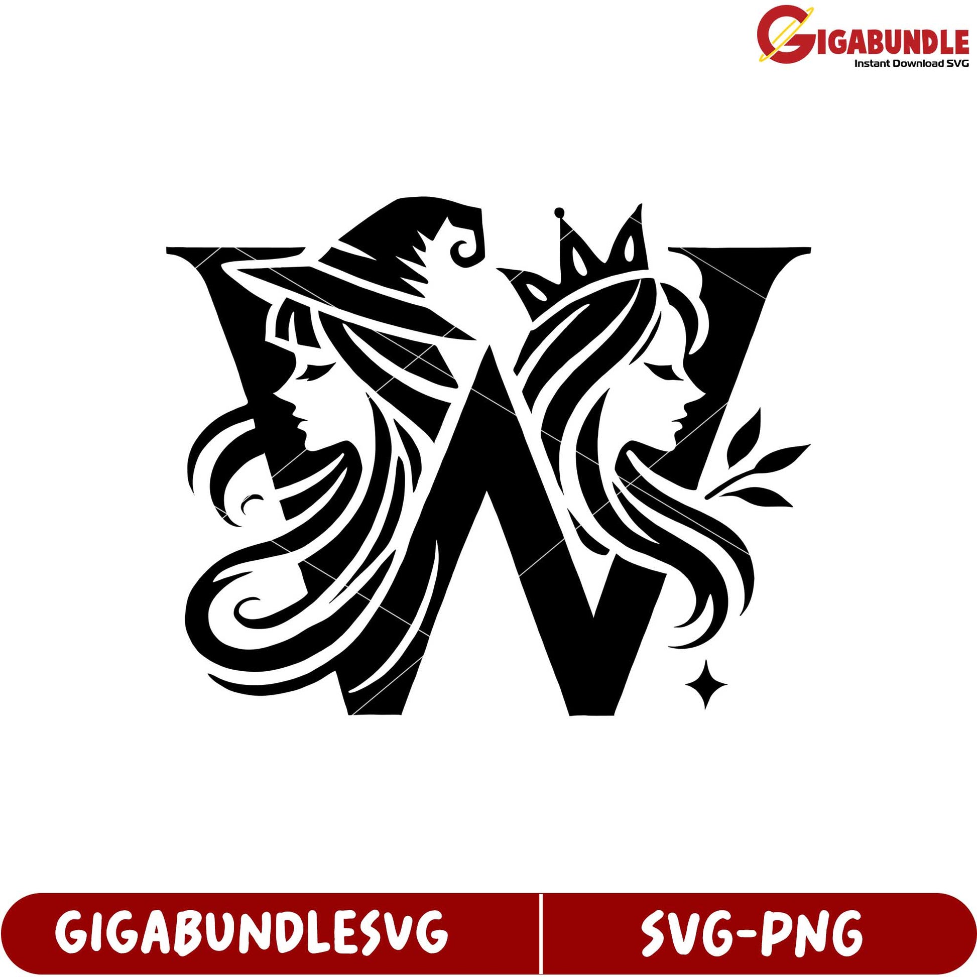 Elegant Witch and Queen Dual Face Letter W SVG Clipart Design