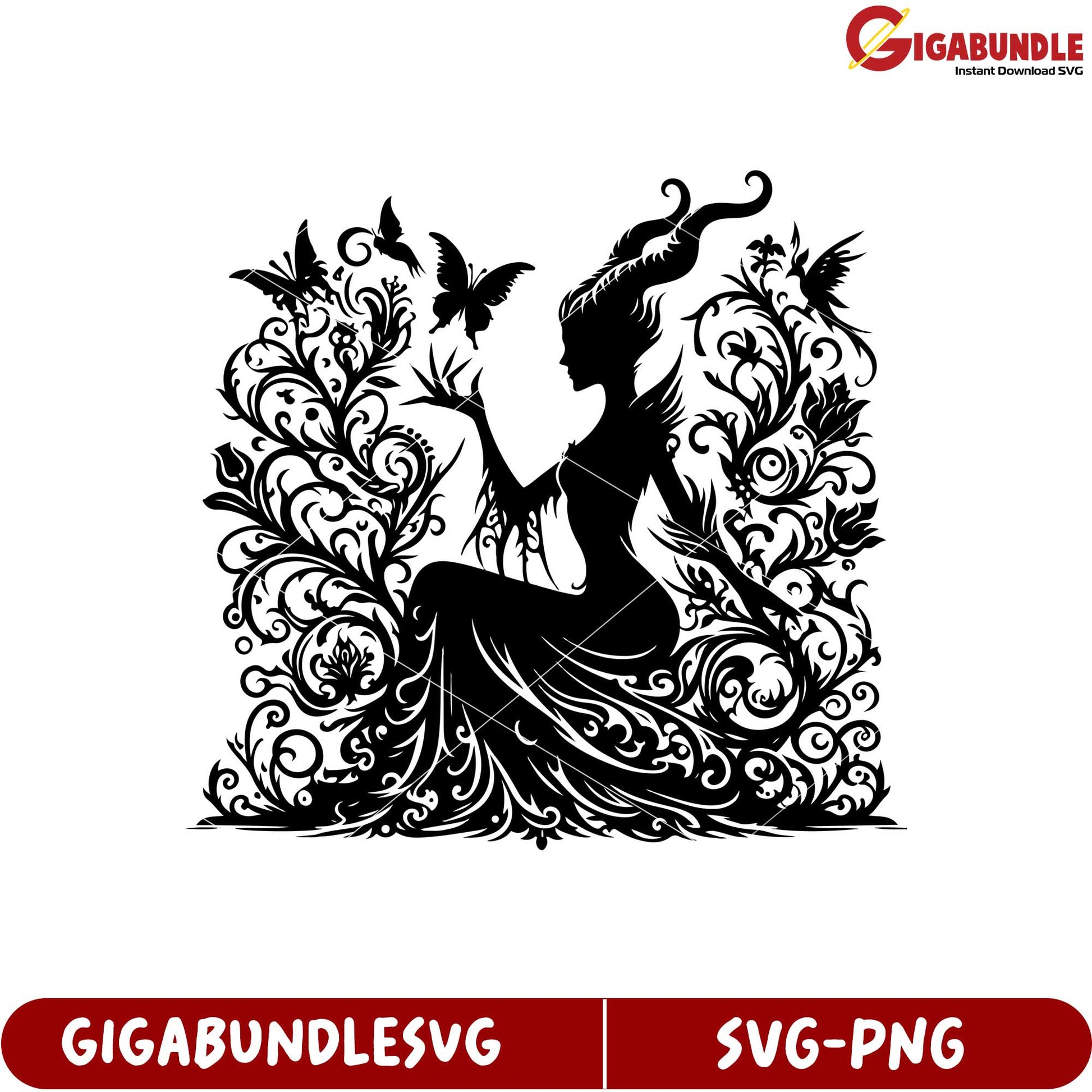 Elegant Woman Silhouette with Butterflies and Floral Detail SVG Art