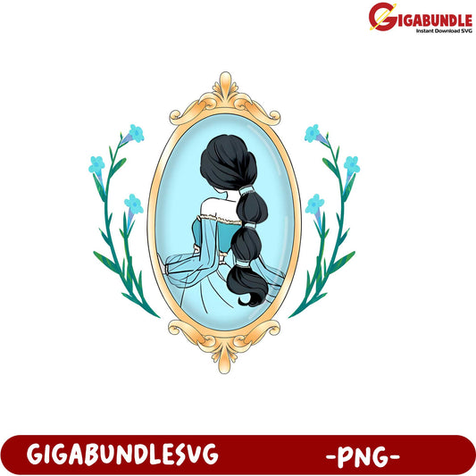 Elegant Woman in Blue Dress Vintage Frame PNG Downloadable Art