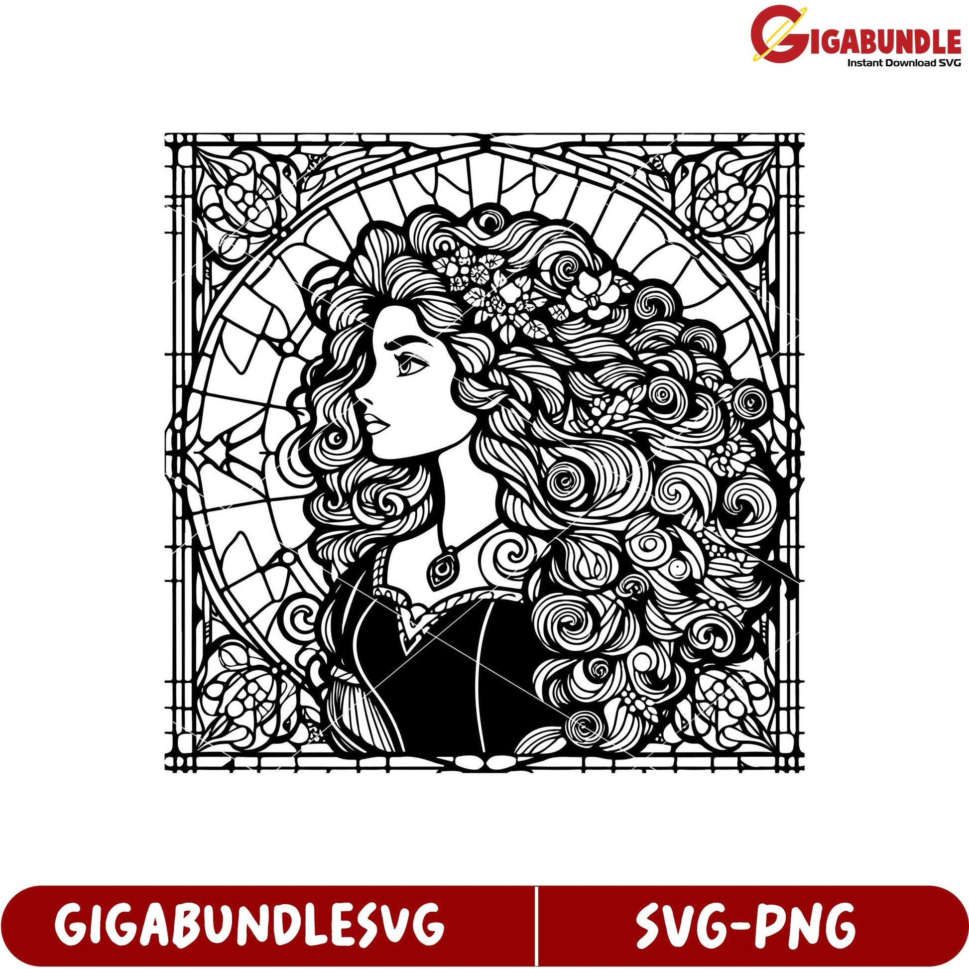 Elegant Woman with Curly Hair in Stained Glass SVG Outline Design