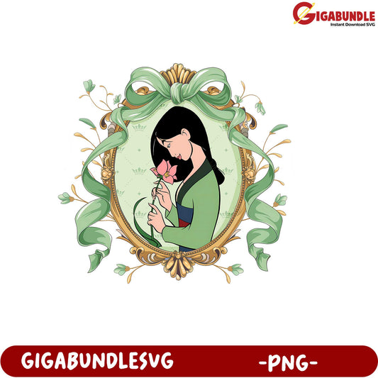 Elegant Woman with Flower in Vintage Frame PNG Graphic Design