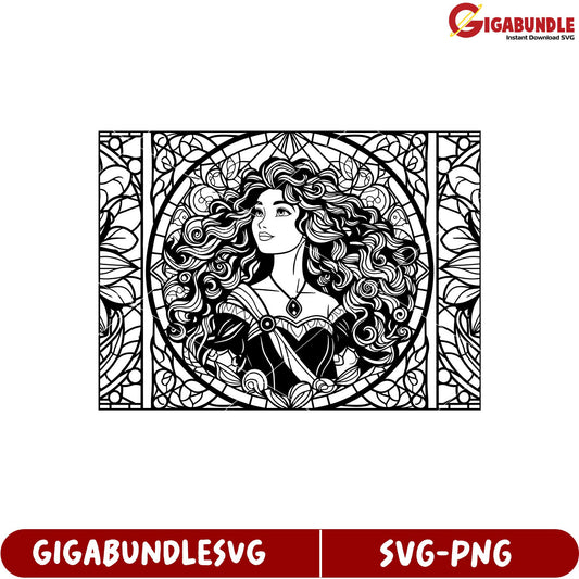 Elegant Woman with Flowing Hair in Intricate Stained Glass SVG Design