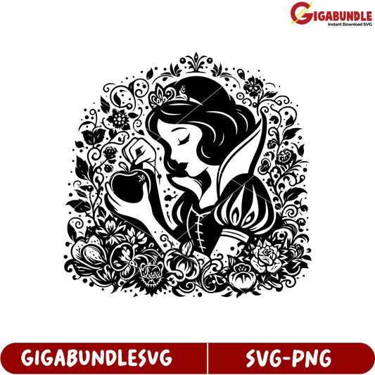 Enchanting Black and White SVG Princess with Apple and Floral Design