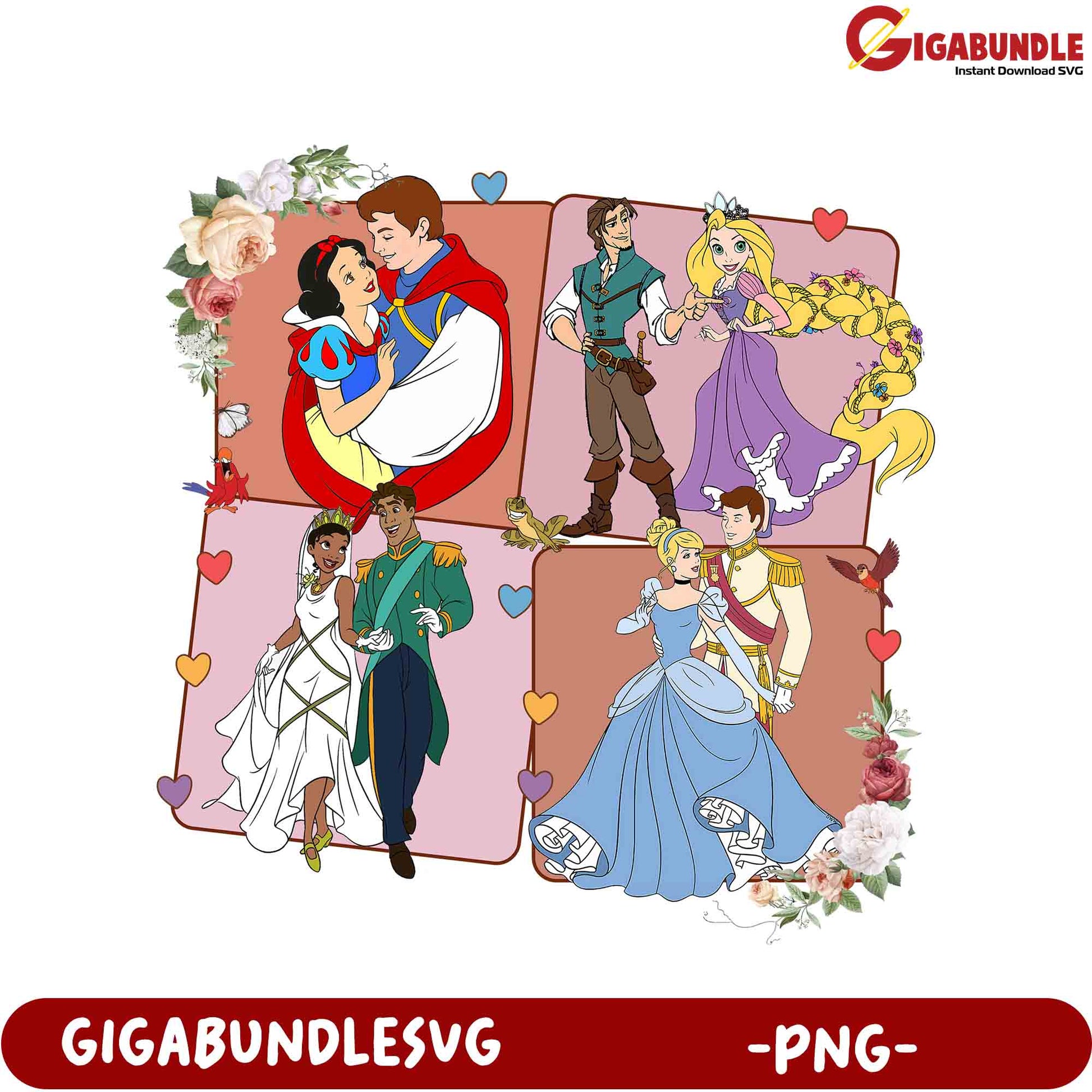 Enchanting Disney Princess Couples PNG Design for Crafts and Gifts