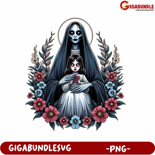 Enchanting Gothic Artwork of Mother and Child in Floral Design - PNG