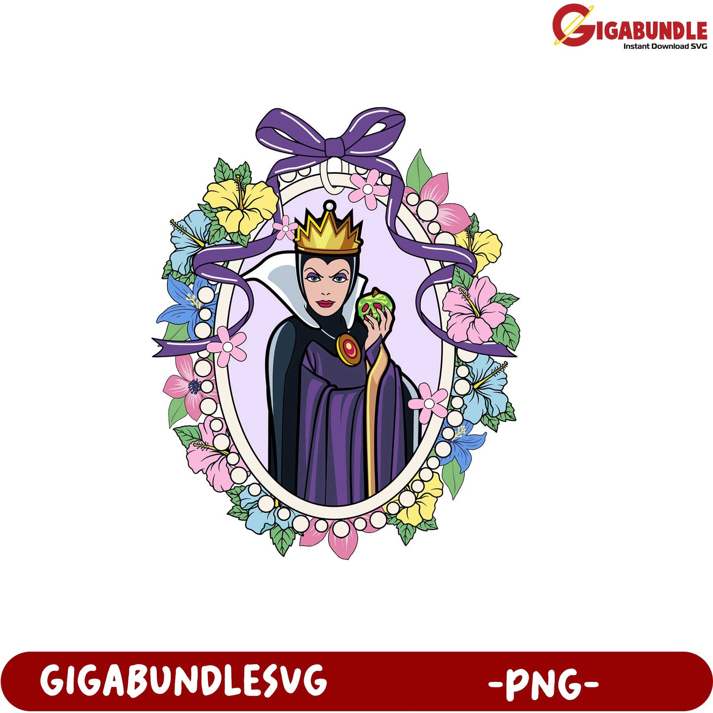 Evil Queen with Poison Apple Floral Frame PNG Design for Crafts