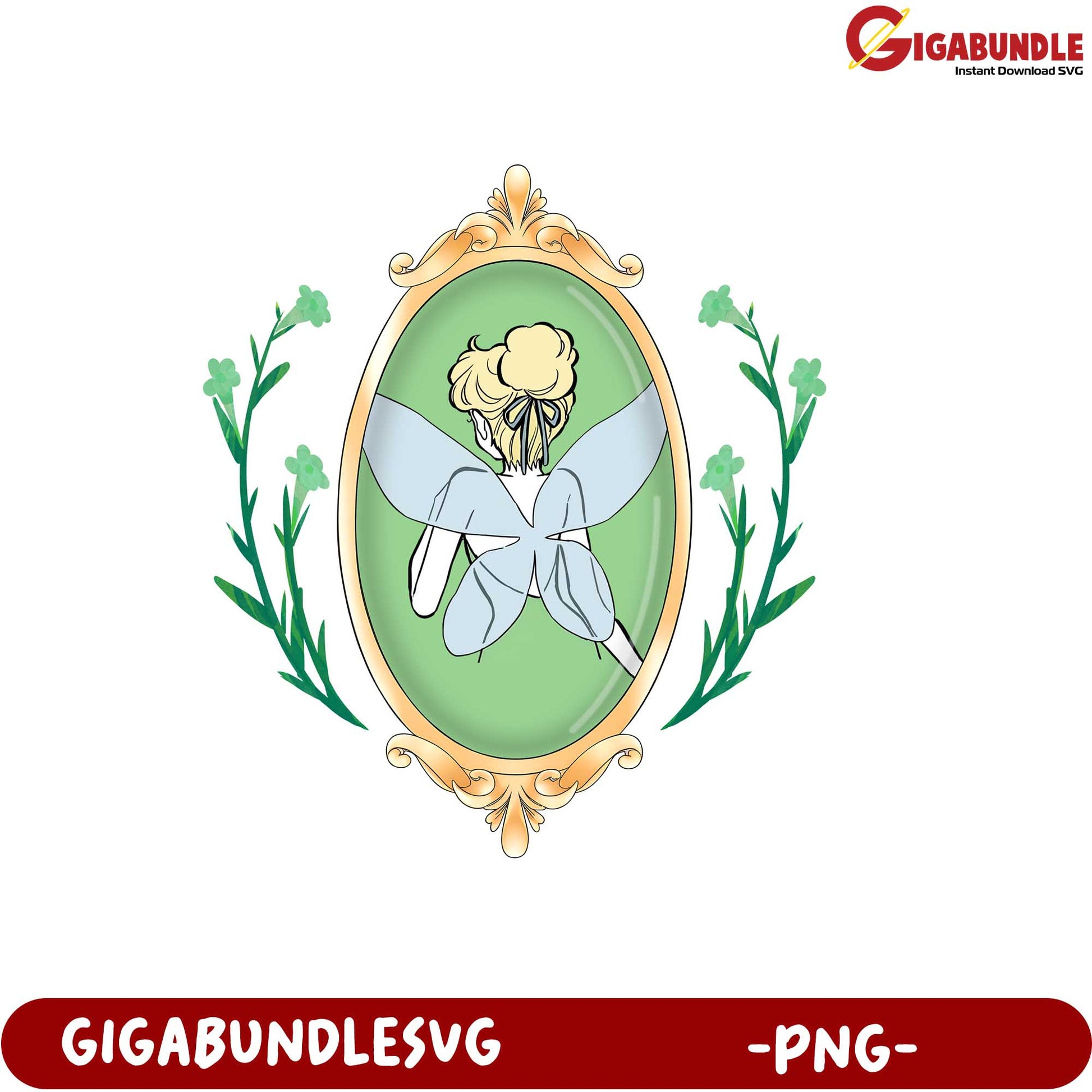 Fairy in Vintage Frame Green Background PNG Art for Craft Projects