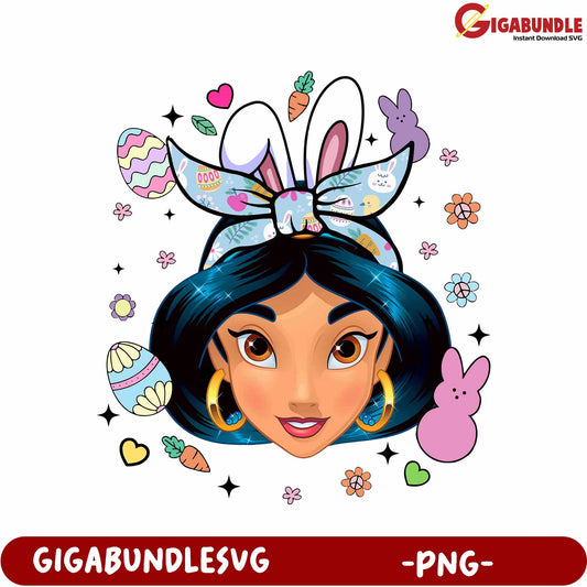 Festive Cartoon Girl with Bunny Ears and Colorful Eggs - PNG