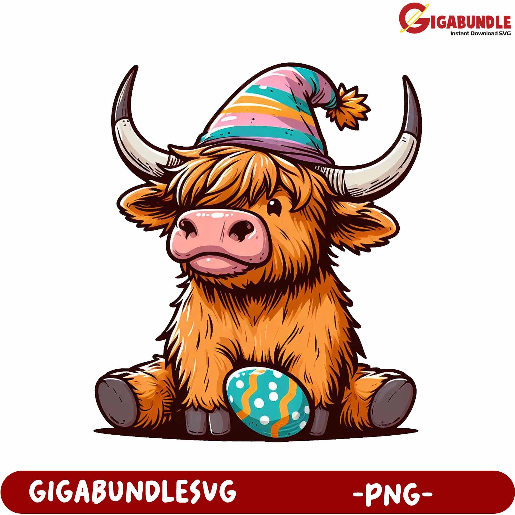 Festive Cartoon Highland Cow with Easter Egg PNG Image Design