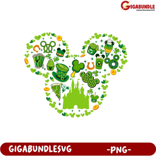 Festive Green Mickey Mouse Heart Design for St. Patrick's Day PNG