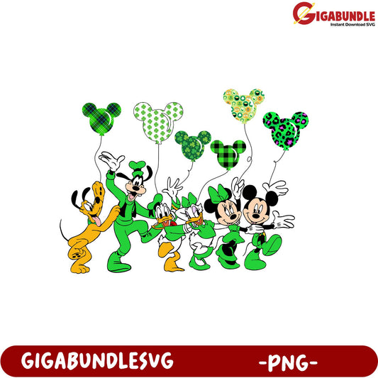 Festive Green Mickey Mouse and Friends PNG with Balloons