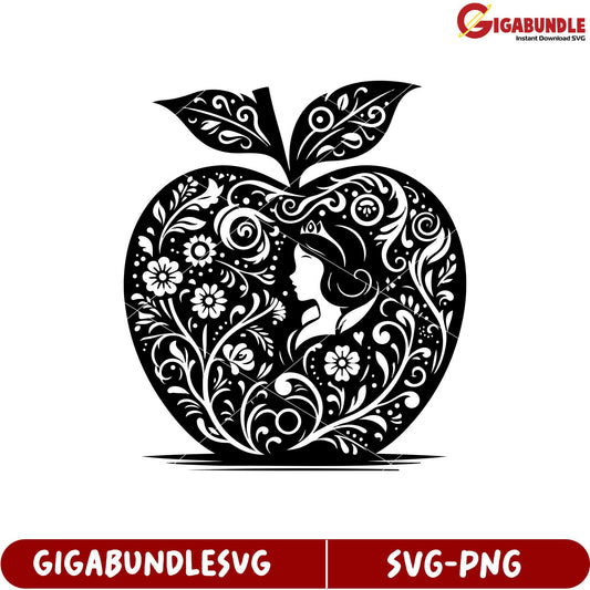 Floral Apple Silhouette Design with Woman Profile SVG File Download