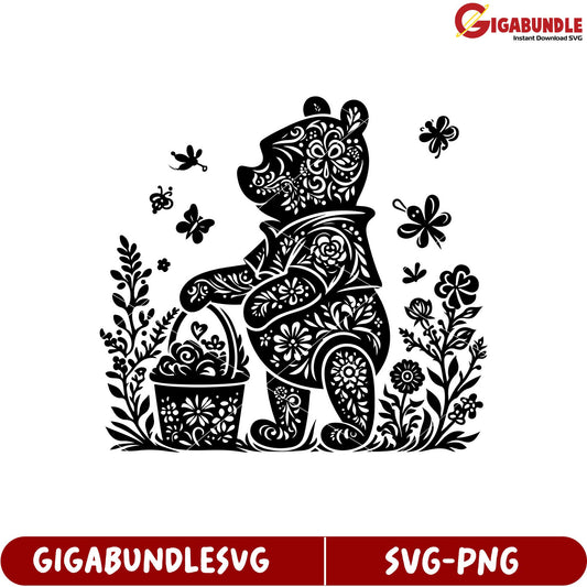 Floral Bear SVG Design with Basket and Butterflies for Craft Projects