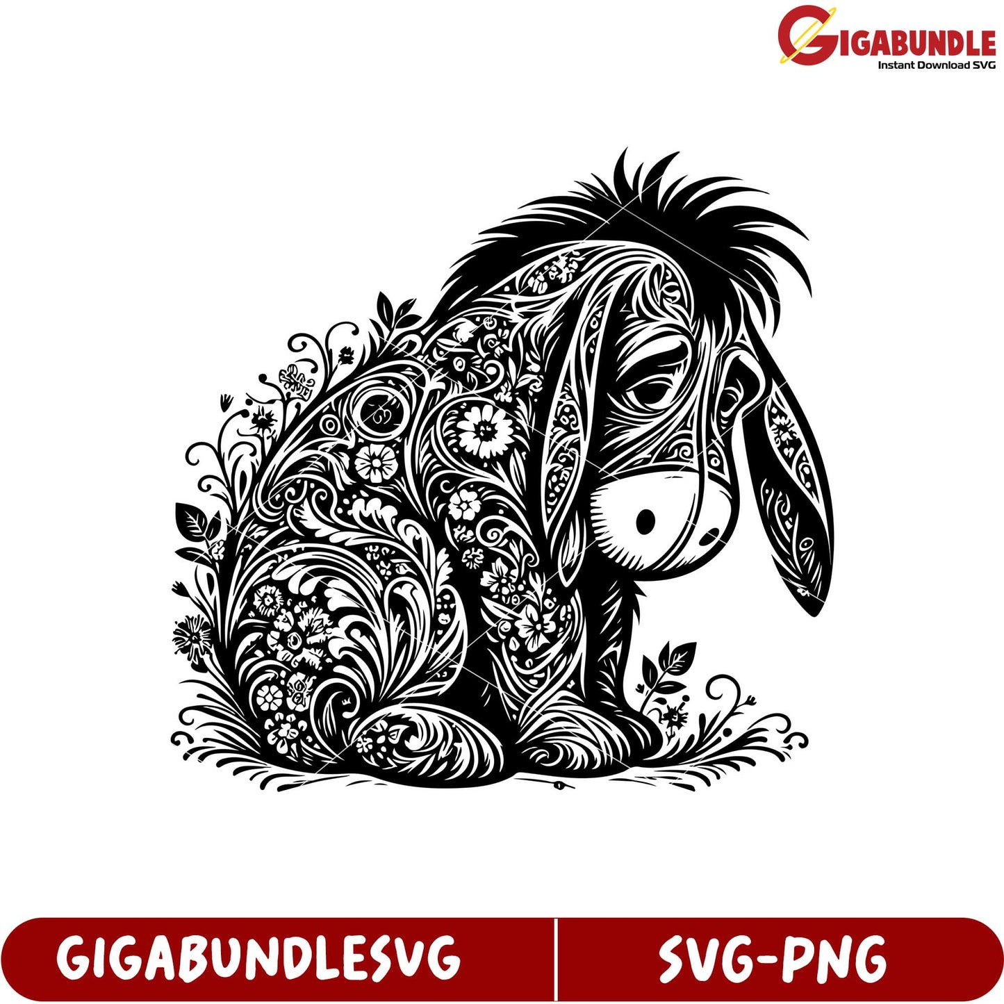 Floral Outline Illustration of a Sad Donkey in SVG Format for Crafts