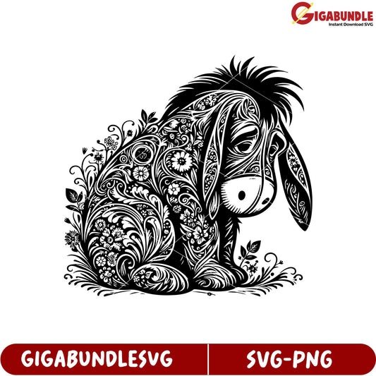 Floral Outline Illustration of a Sad Donkey in SVG Format for Crafts