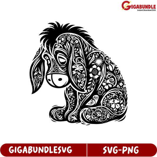 Floral Patterned Donkey SVG Black and White Artistic Design Download