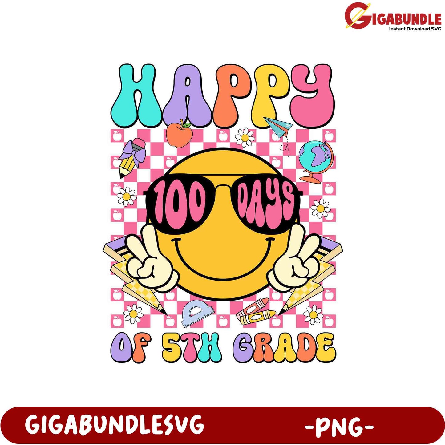 Fun 100 Days of 5th Grade Smiley Face PNG Design