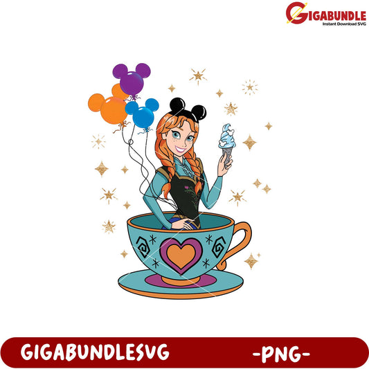 Fun Cartoon Girl in Colorful Teacup with Balloons PNG