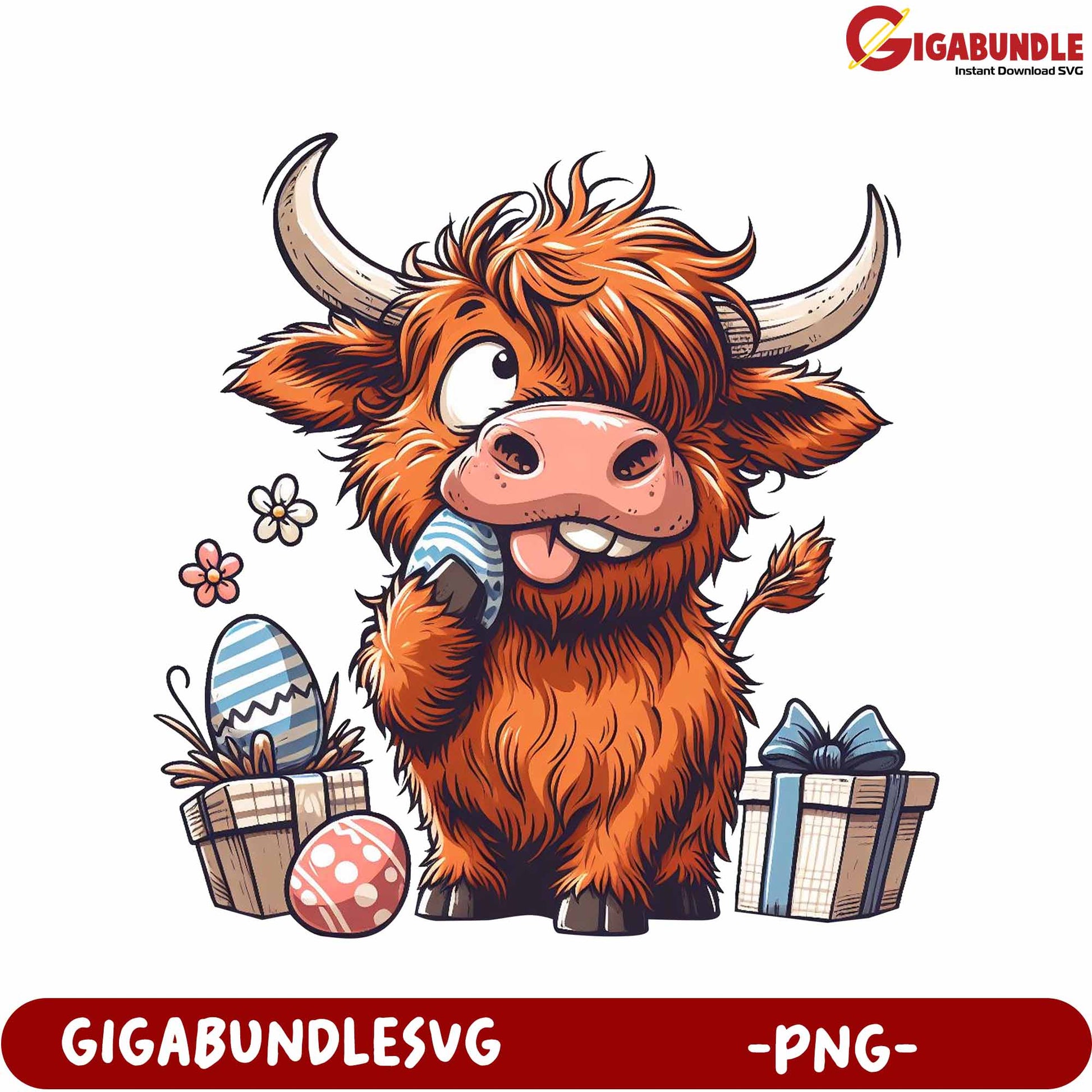 Fun Cartoon Highland Cow with Easter Eggs - PNG Download