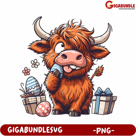 Fun Cartoon Highland Cow with Easter Eggs - PNG Download