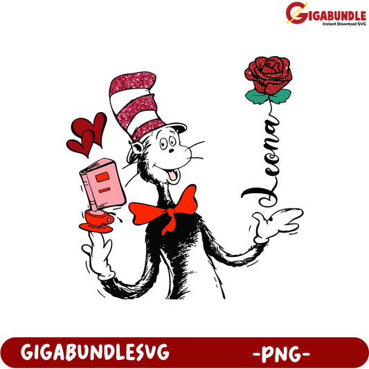 Fun Cat in Hat PNG with Hearts and Rose Design