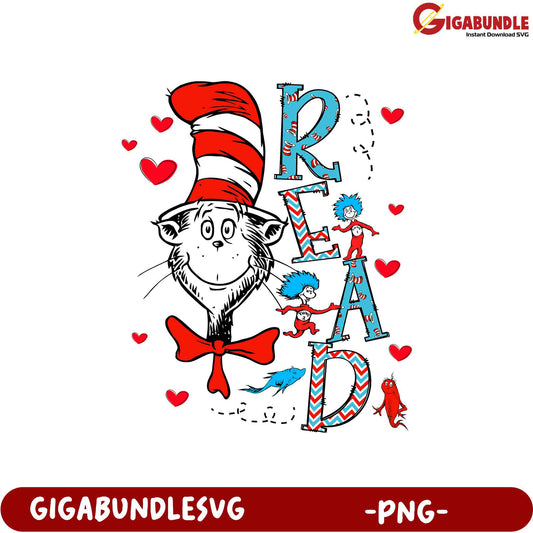 Fun Cat in the Hat Reading PNG Design for Kids