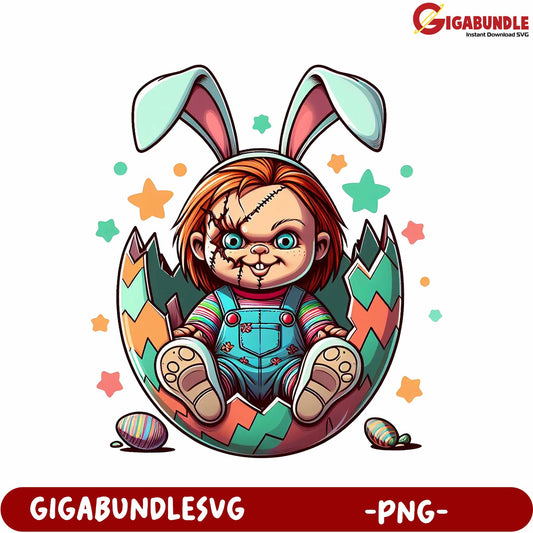 Fun Chucky Bunny Character in Egg PNG Artwork for Easter